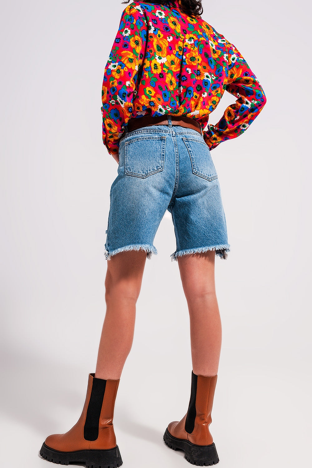 Short en jean effet vieilli Bleu clair