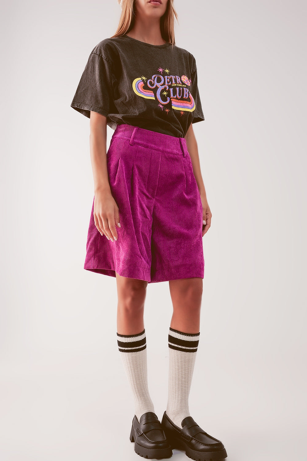 Short long coupe en velours côtelé fuchsia