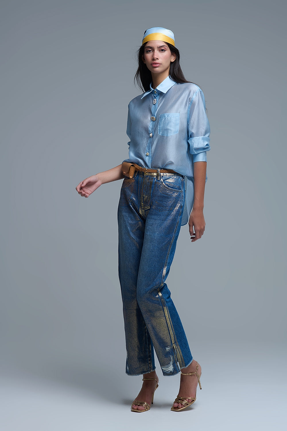 Silky Loose Shirt With Button Medley in Blue