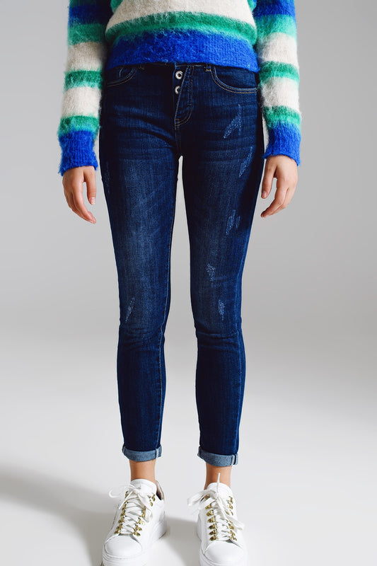 Q2 Super skinny jeans avec boutons de fermeture visibles à l'avant en bleu délavé moyen