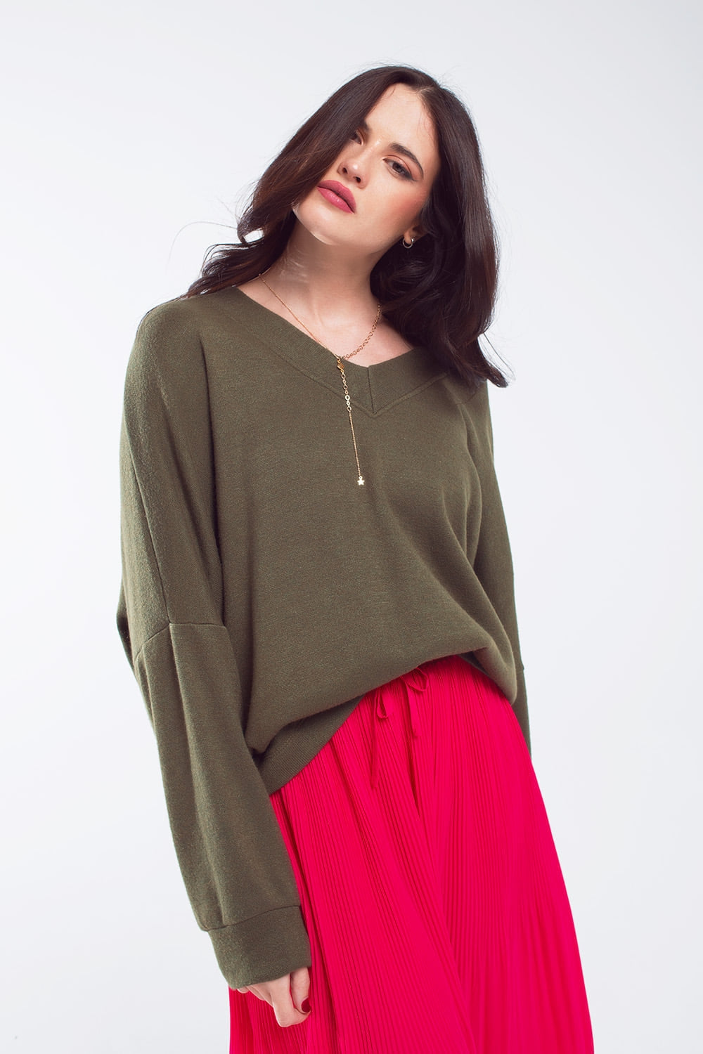 Swearshirt oversize vert olive avec encolure en V