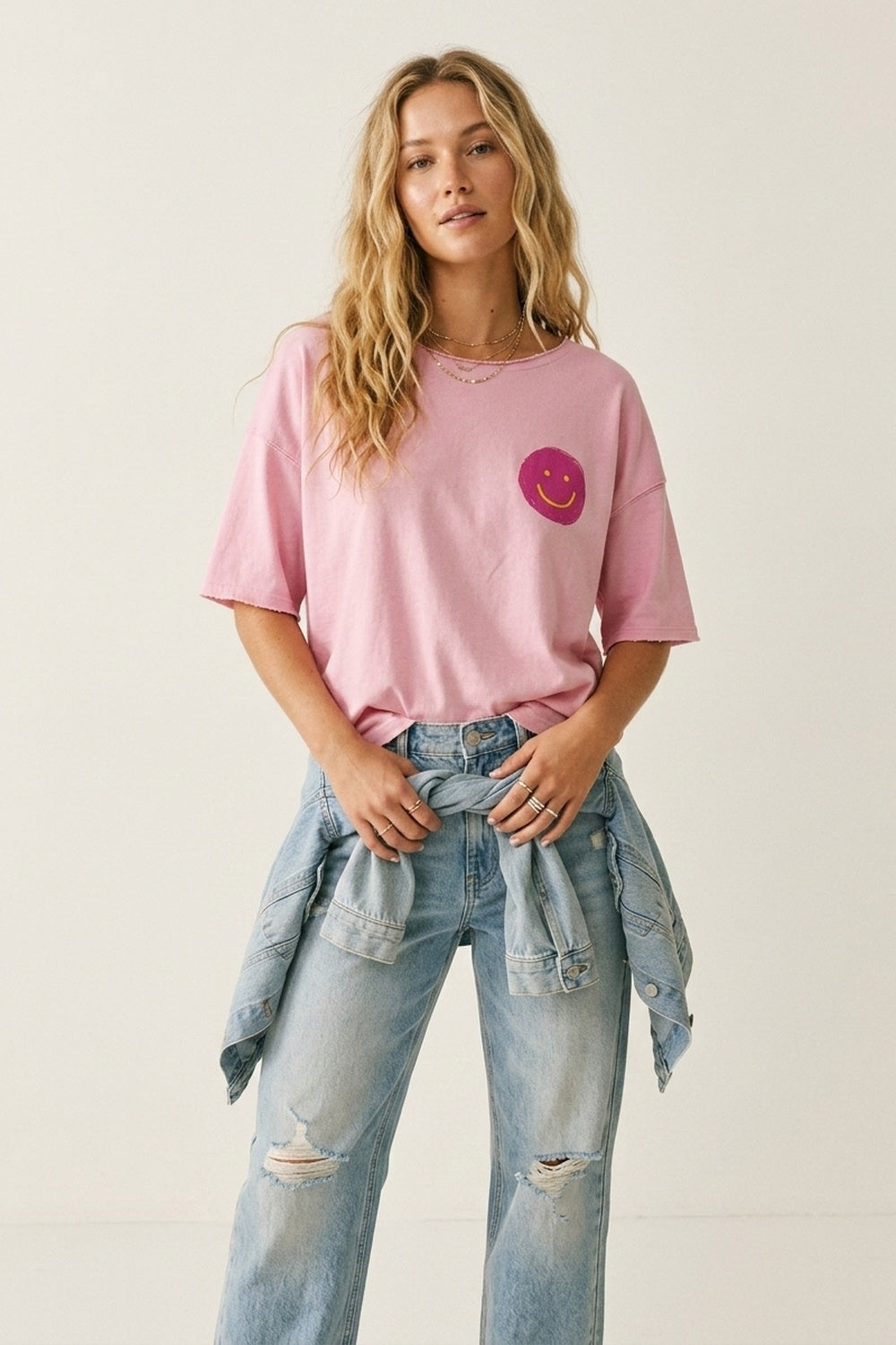 Q2 Sweat-shirt en coton rose à coupe décontractée avec détail Smiley