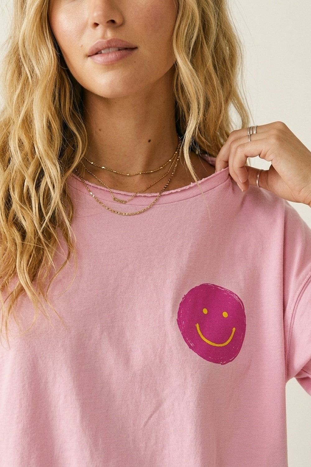Sweat-shirt en coton rose à coupe décontractée avec détail Smiley