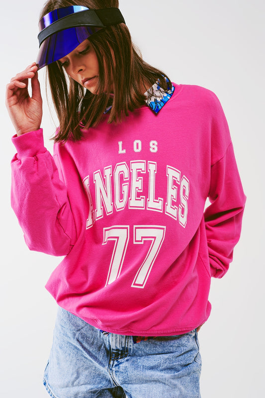 Q2 Sweatshirt avec le texte Los Angeles 77 en rose