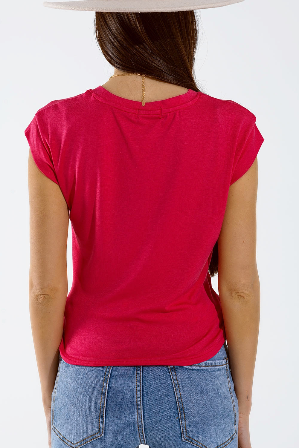 T-shirt à col ras du cou avec motif drapé et manches capuchon En Fuschia