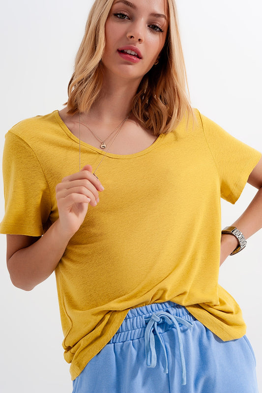 Q2 T-shirt à collier dégagée en lin mélangé jaune