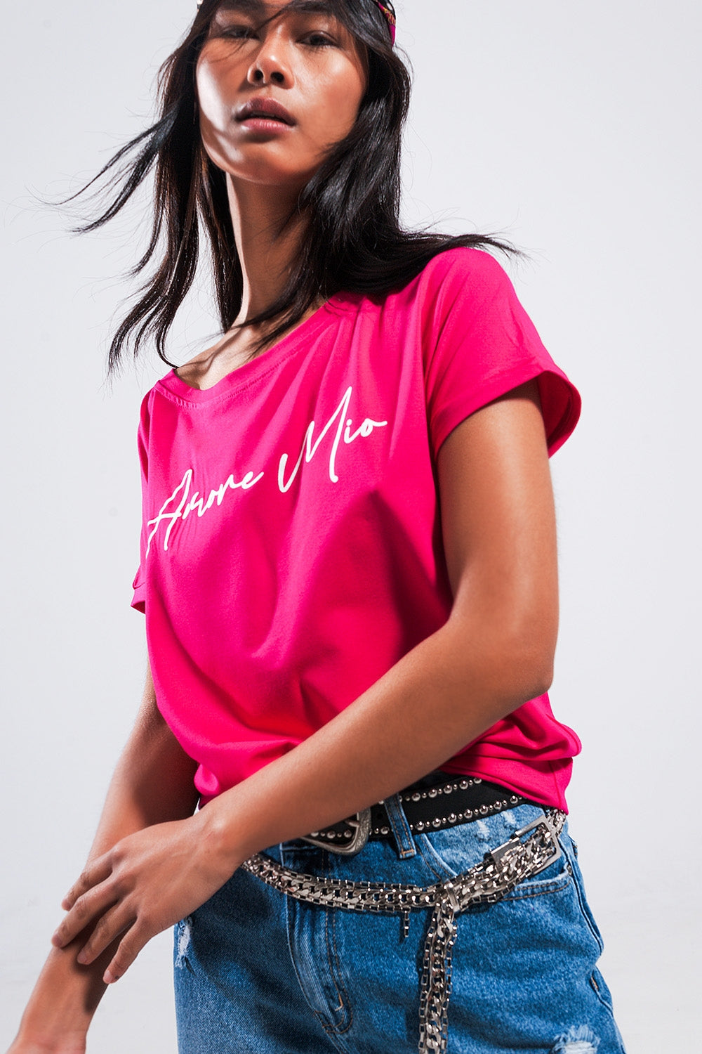 T shirt à inscription Amore Mio couleur fuchsia