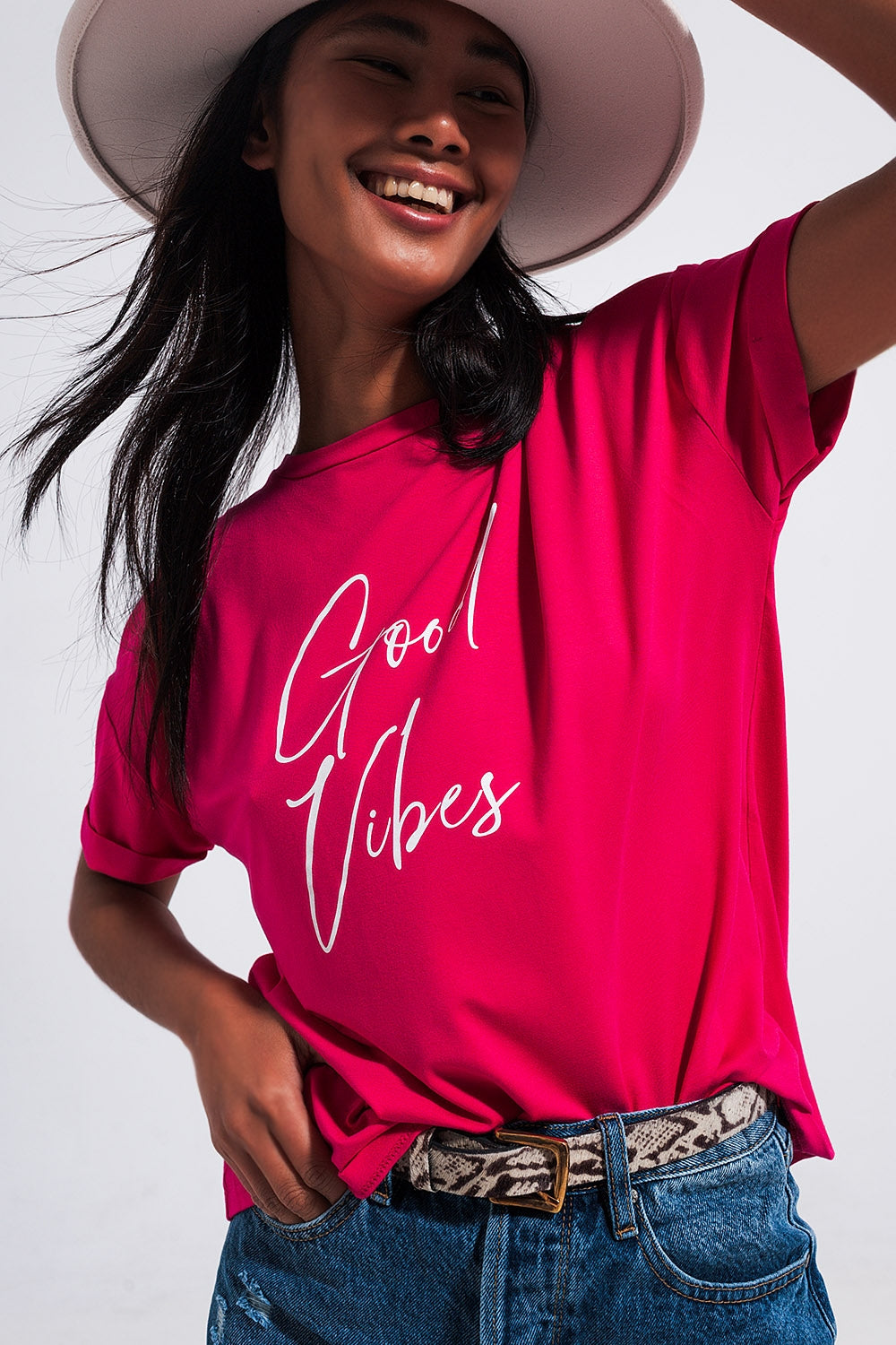 T shirt à inscription Good Vibes fuchsia