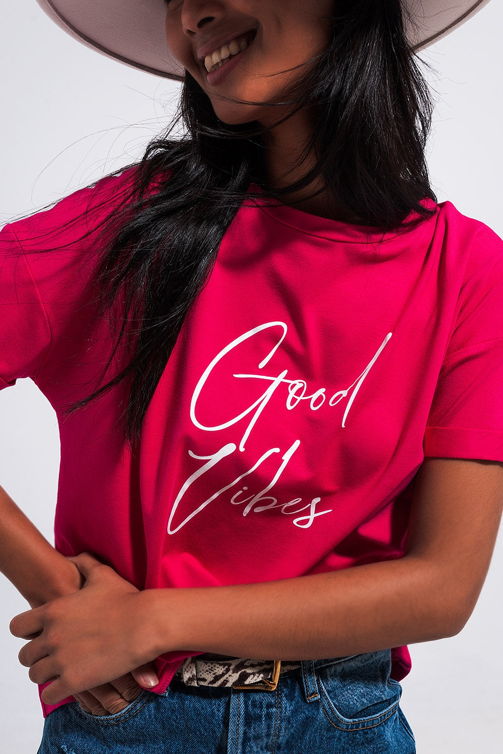 T shirt à inscription Good Vibes fuchsia