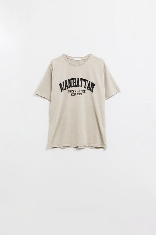 Q2 T-shirt à manches courtes avec texte graphique Manhattan en beige