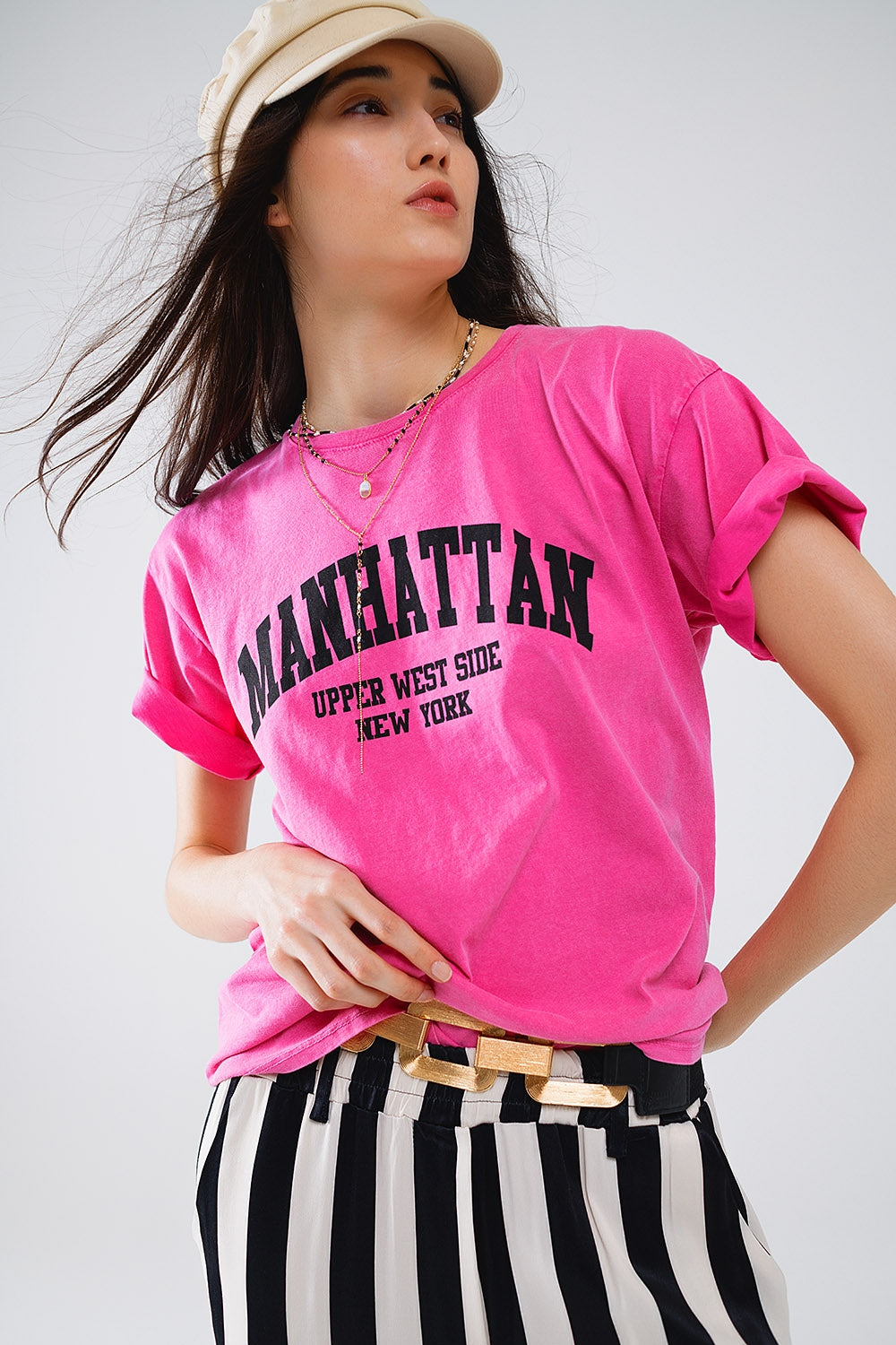 T-shirt à manches courtes avec texte graphique Manhattan en rose