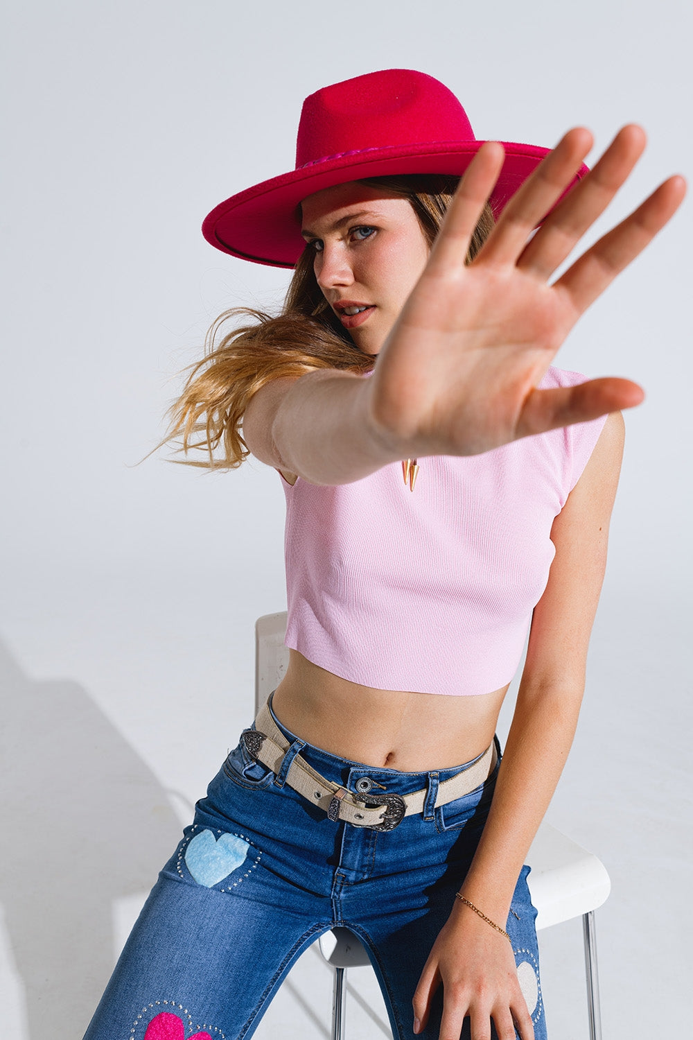 T-shirt à manches courtes en maille croisée en rose