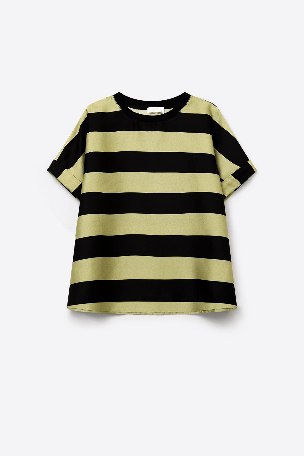 T-shirt à rayures noir et vert olive en tissu satin