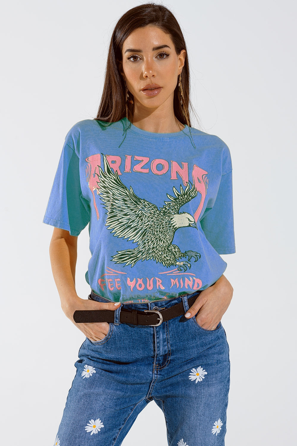 Q2 T-shirt Arizona avec impression numérique de l'aigle en bleu