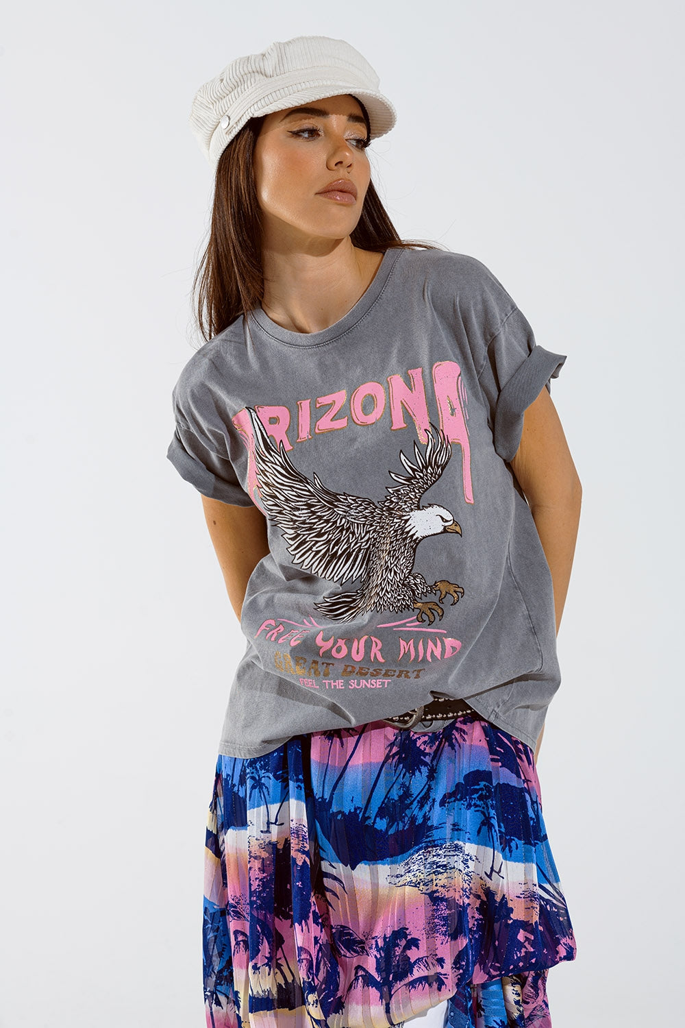 Q2 T-shirt Arizona avec impression numérique de l'aigle en gris