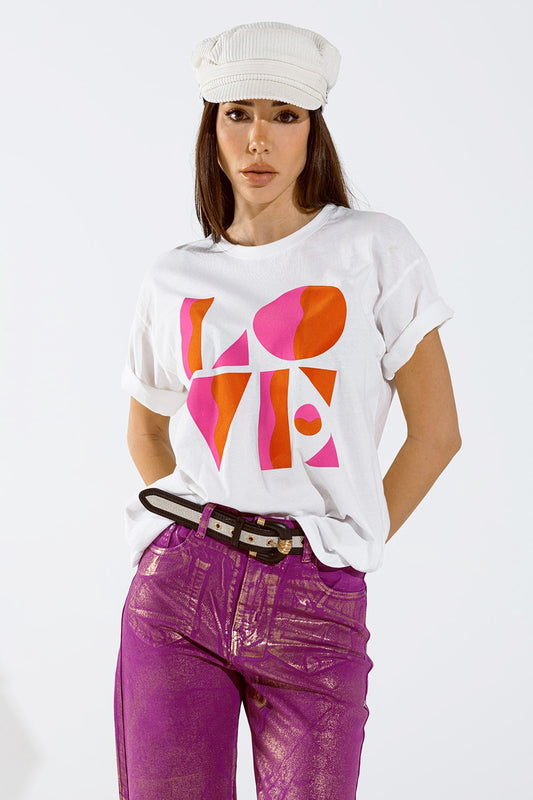 Q2 T-shirt avec imprimé numérique LOVE art déco en blanc