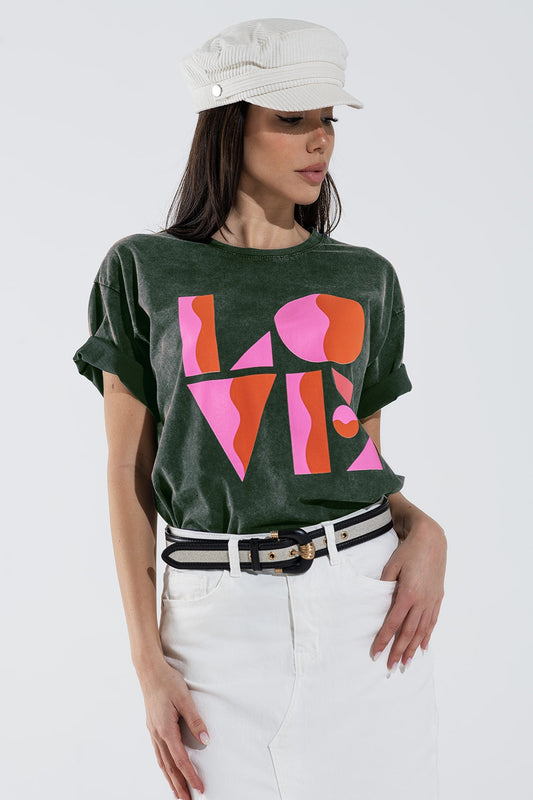 Q2 T-shirt avec imprimé numérique LOVE art déco en gris