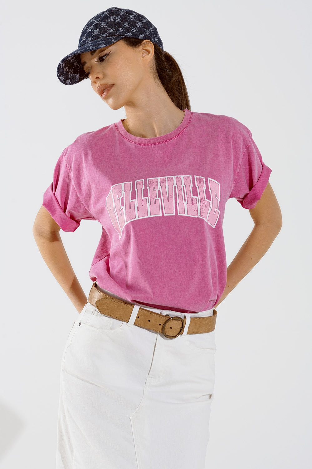 Q2 T-Shirt Belleville à effet délavé en rose