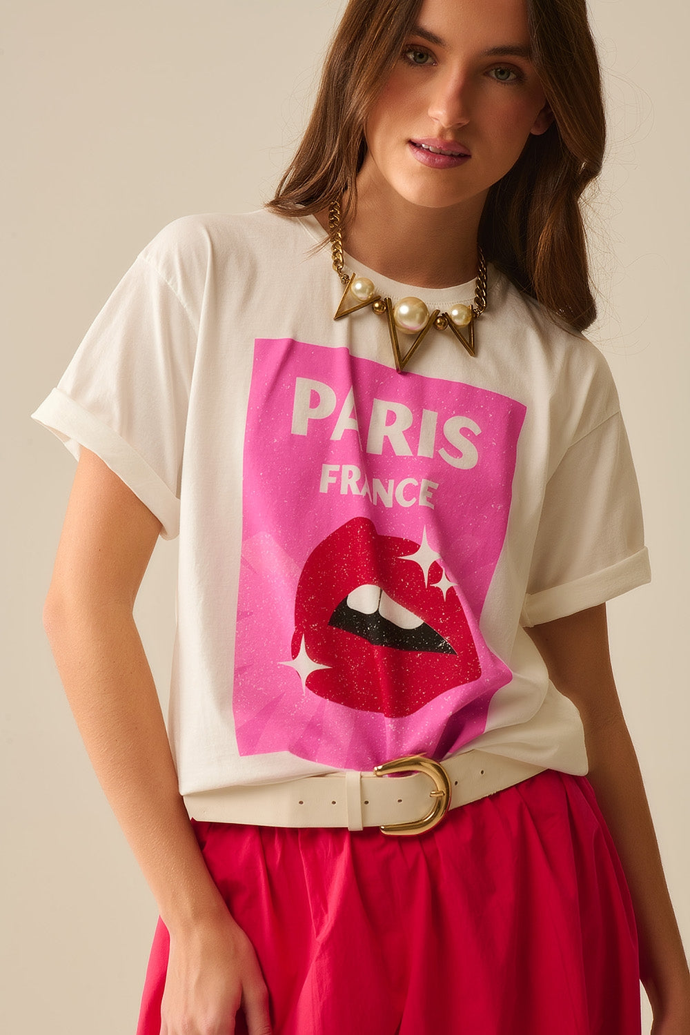 T-shirt blanc décontracté avec imprimé lèvres made in Italy