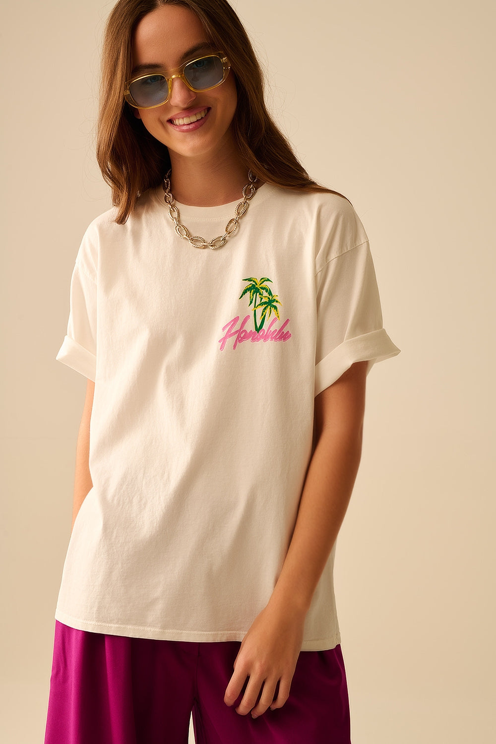 T-shirt blanc fabriqué en Italie avec graphisme Honolulu