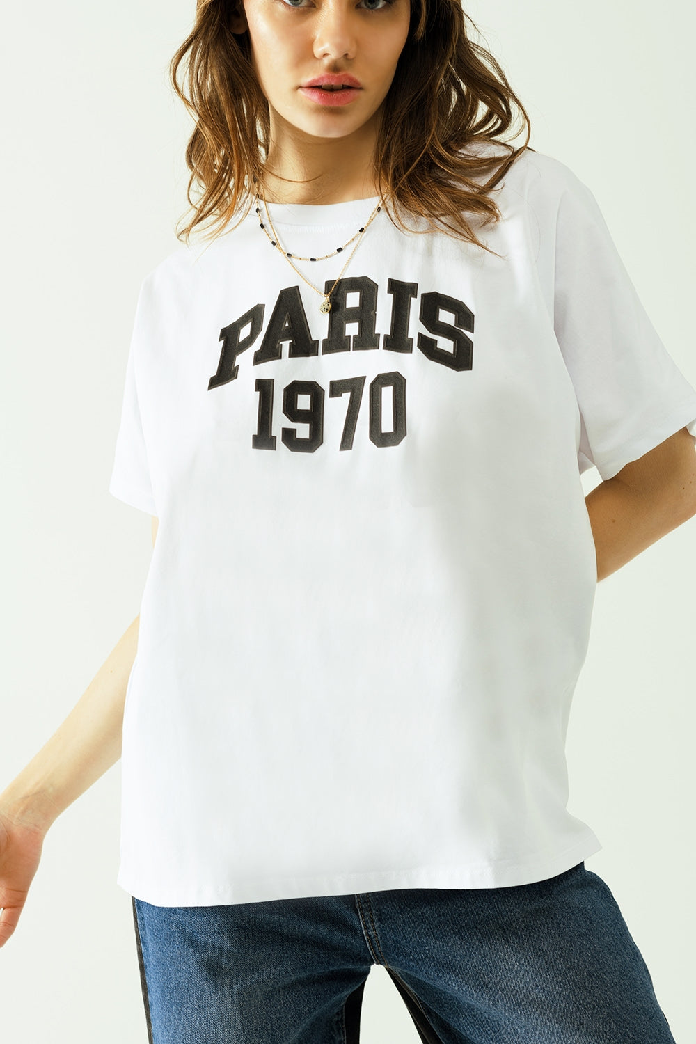 Q2 T-shirt blanc surdimensionné imprimé paris 1970 en noir