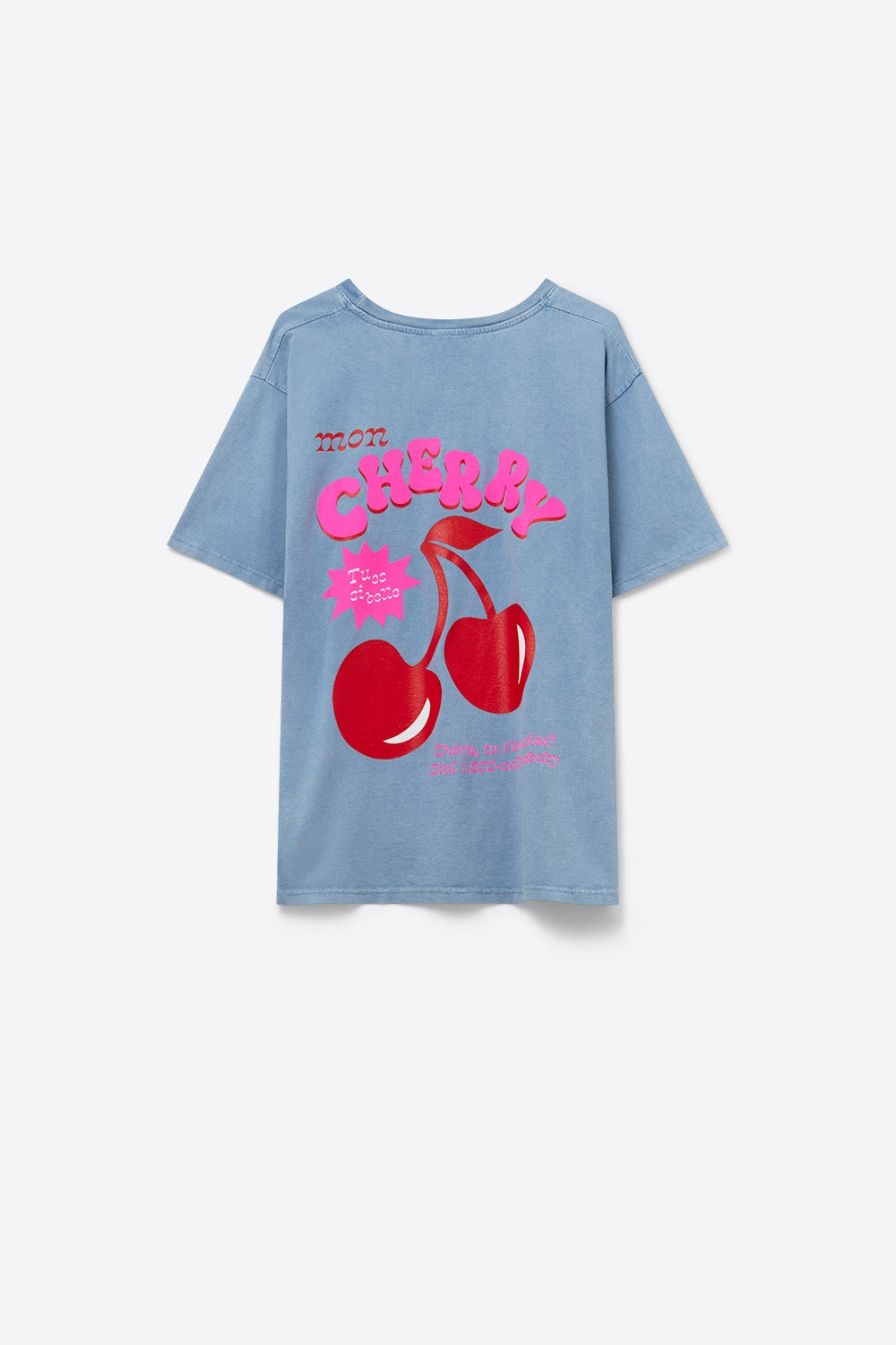 T-shirt bleu avec cerise dans le logo et les lettres