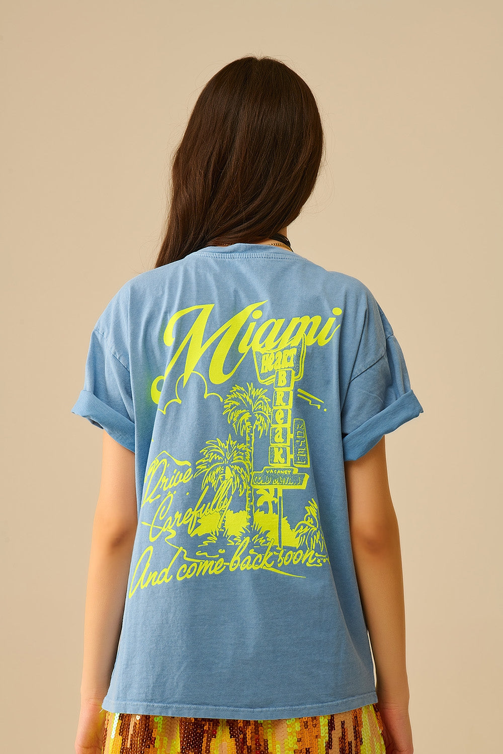 T-shirt bleu avec logo Miami imprimé en jaune