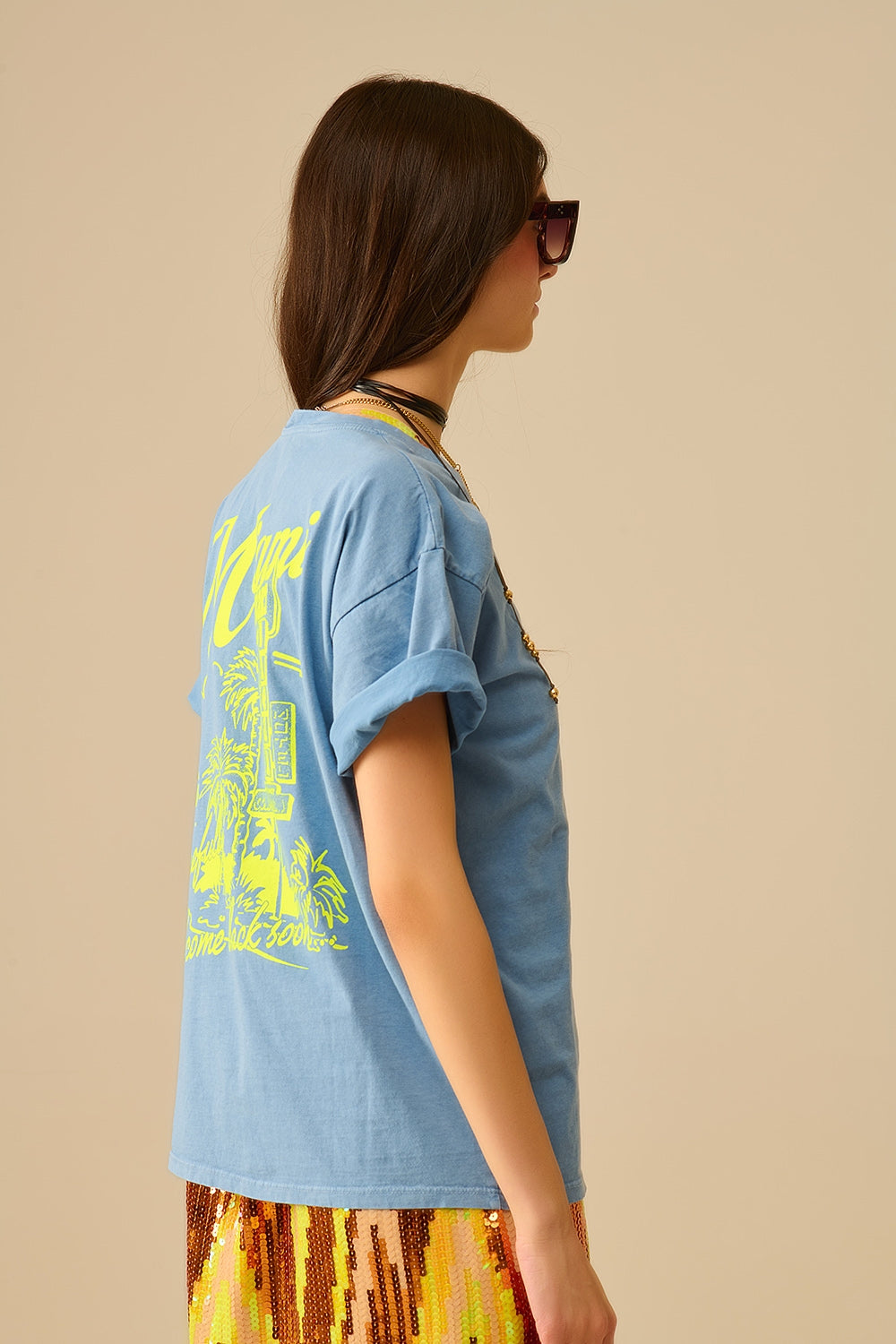 T-shirt bleu avec logo Miami imprimé en jaune