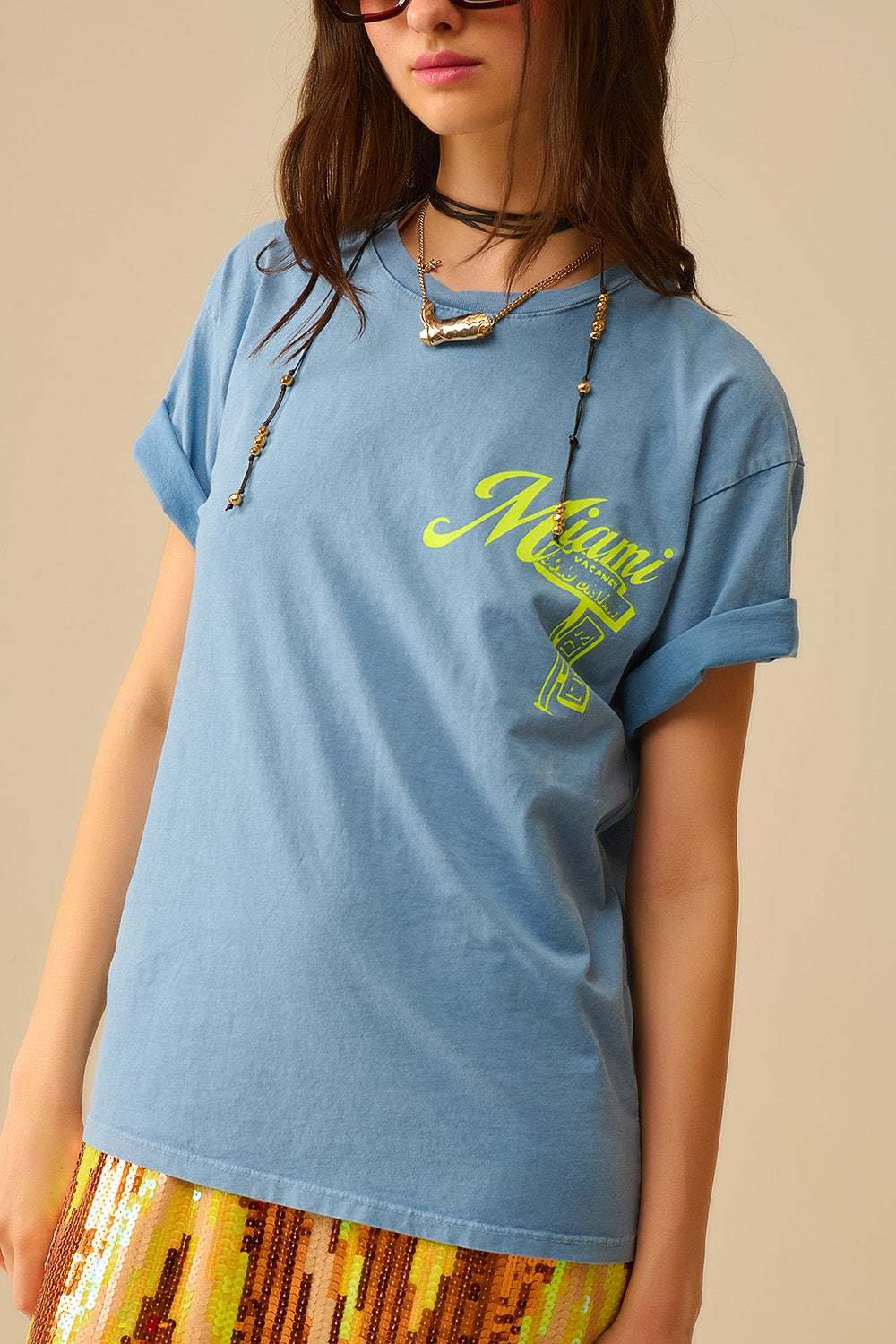 T-shirt bleu avec logo Miami imprimé en jaune