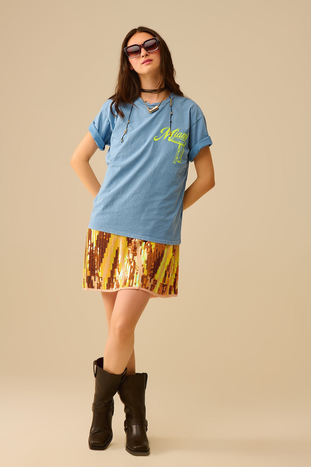 T-shirt bleu avec logo Miami imprimé en jaune