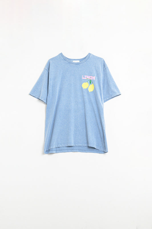 Q2 t-shirt bleu décontracté avec imprimé citron