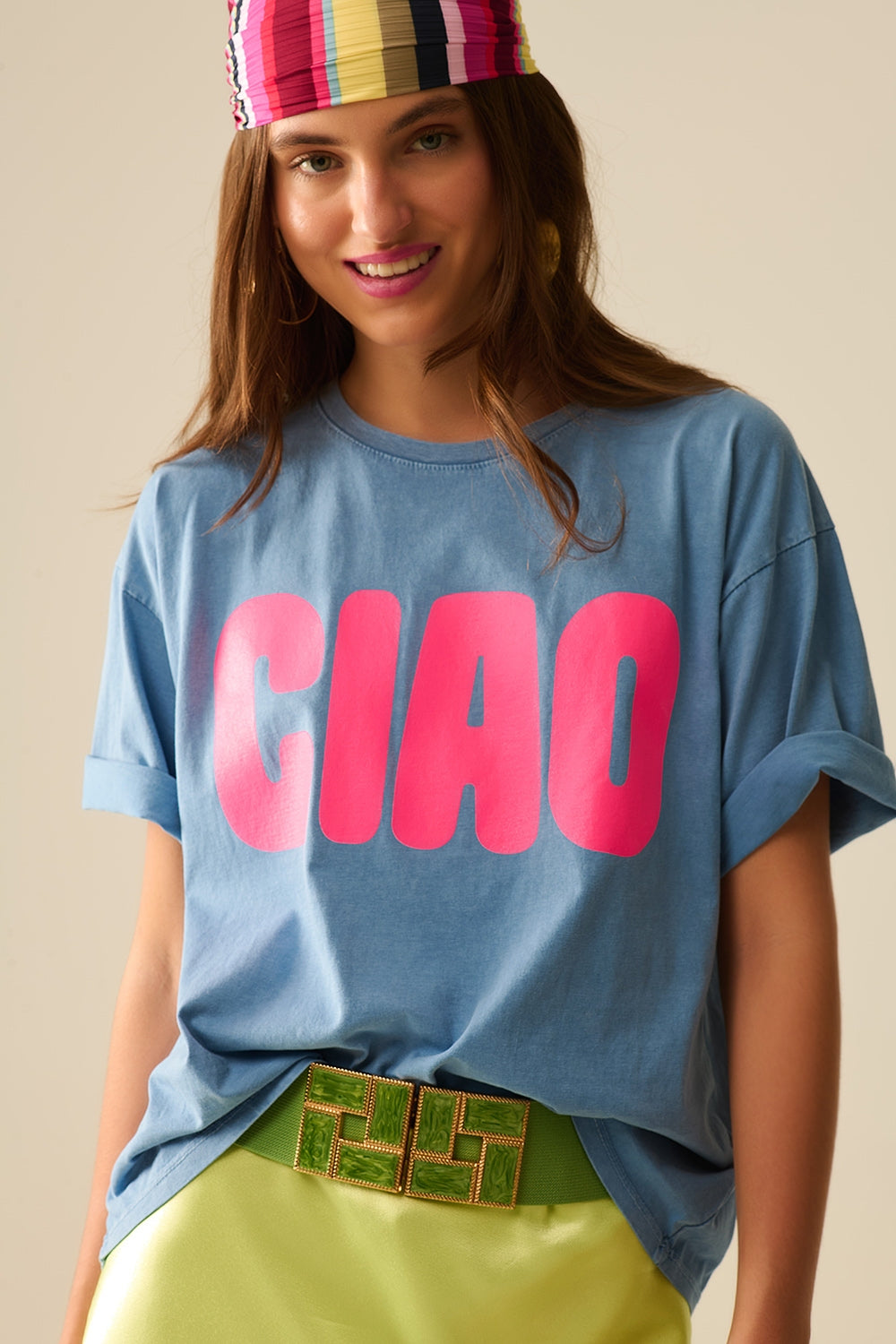 Q2 T-Shirt bleu décontracté CIOA avec lettres roses
