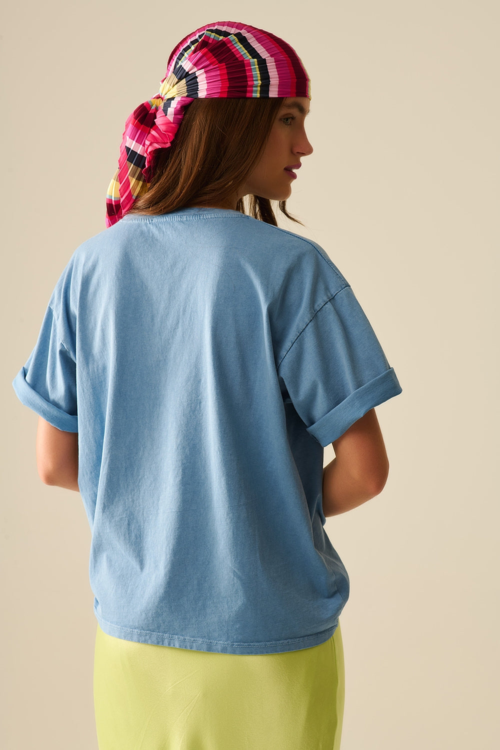 T-Shirt bleu décontracté CIOA avec lettres roses