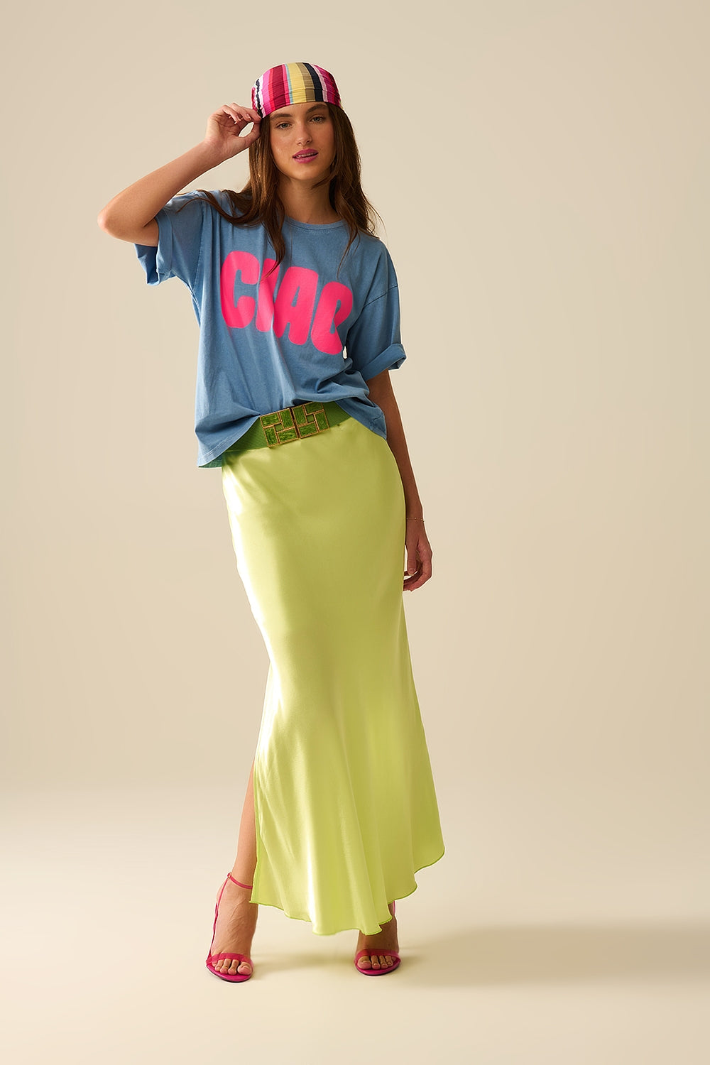 T-Shirt bleu décontracté CIOA avec lettres roses