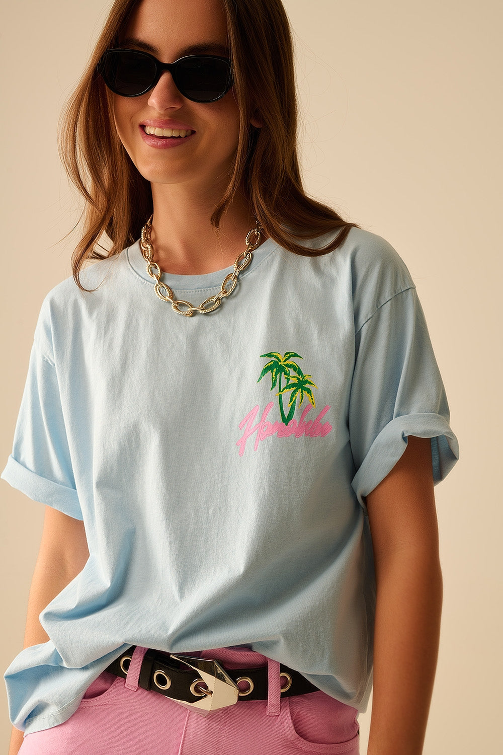 T-shirt bleu fabriqué en Italie avec graphisme Honolulu