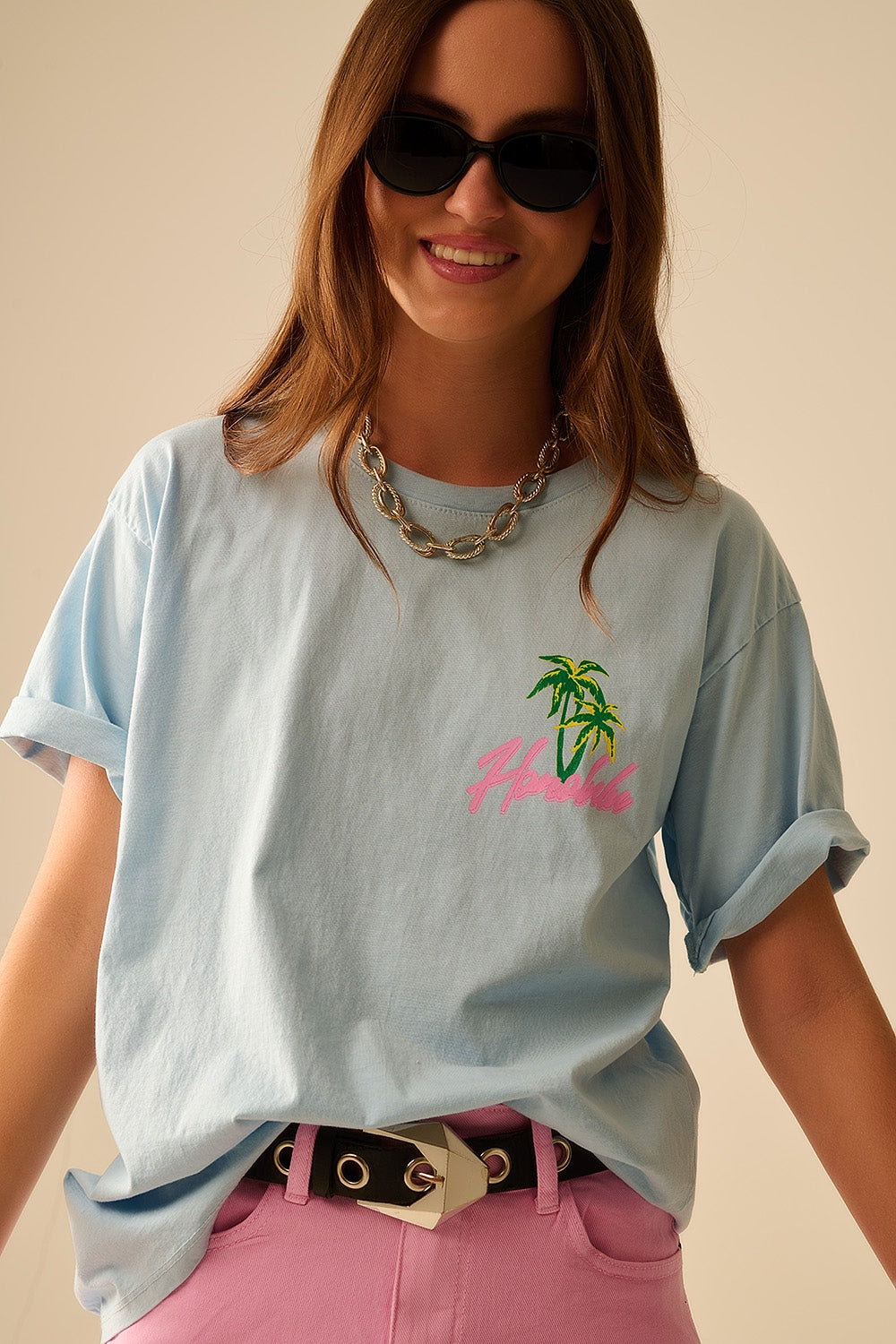 T-shirt bleu fabriqué en Italie avec graphisme Honolulu