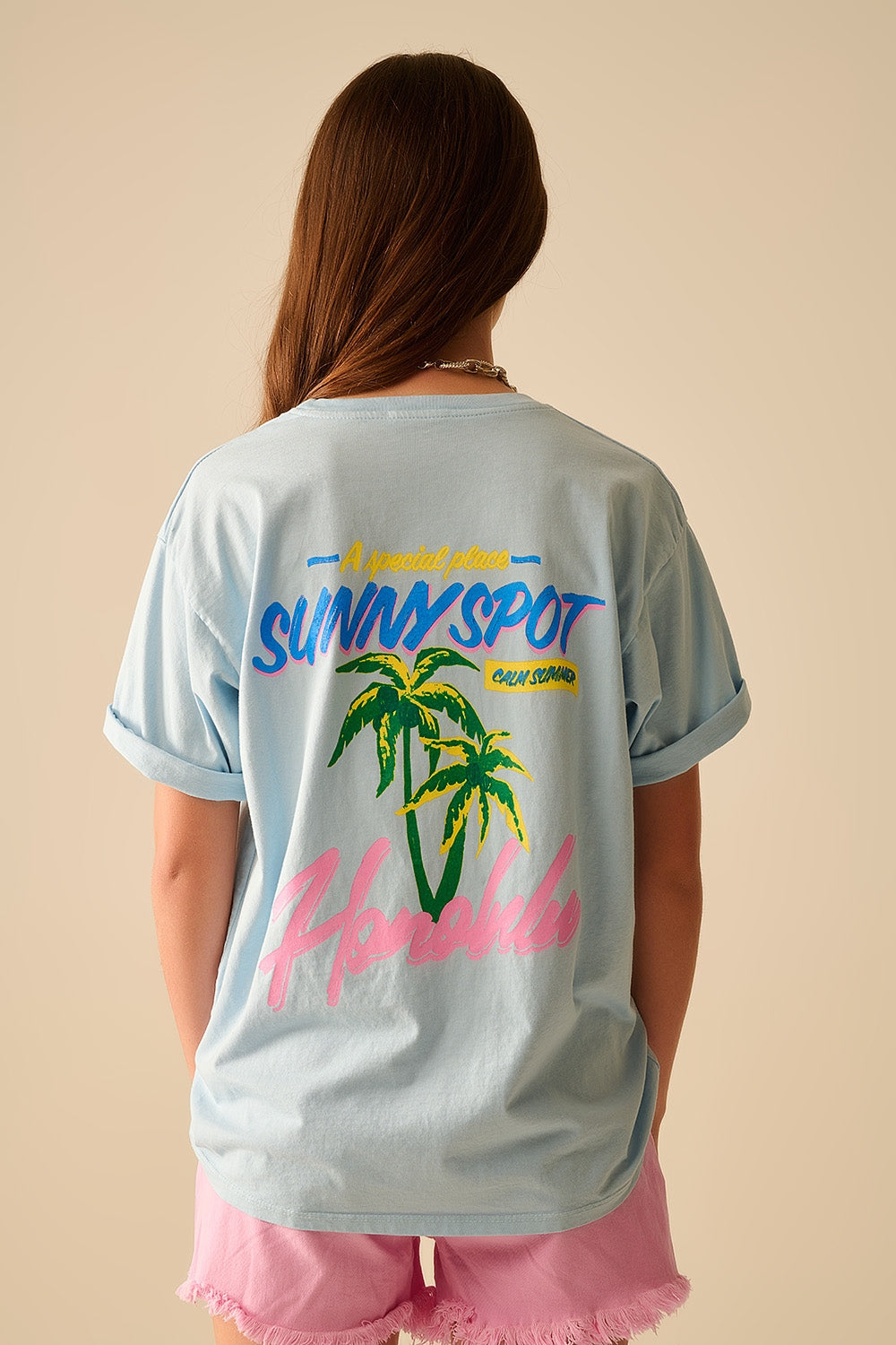 T-shirt bleu fabriqué en Italie avec graphisme Honolulu