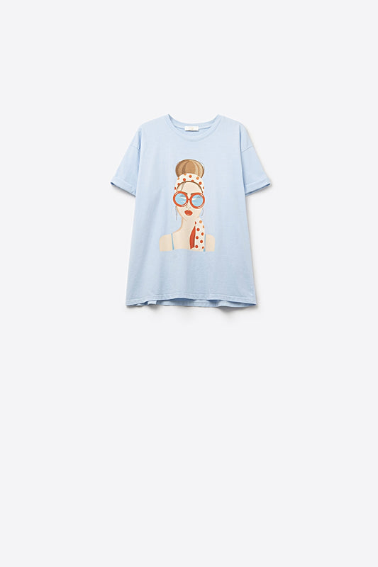 Q2 T-shirt bleu fabriqué en Italie avec un motif de fille vintage