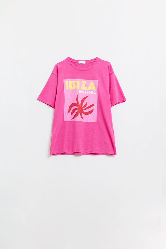 Q2 T-shirt décontracté Fuchsia Ibiza Bohemia avec imprimé rose