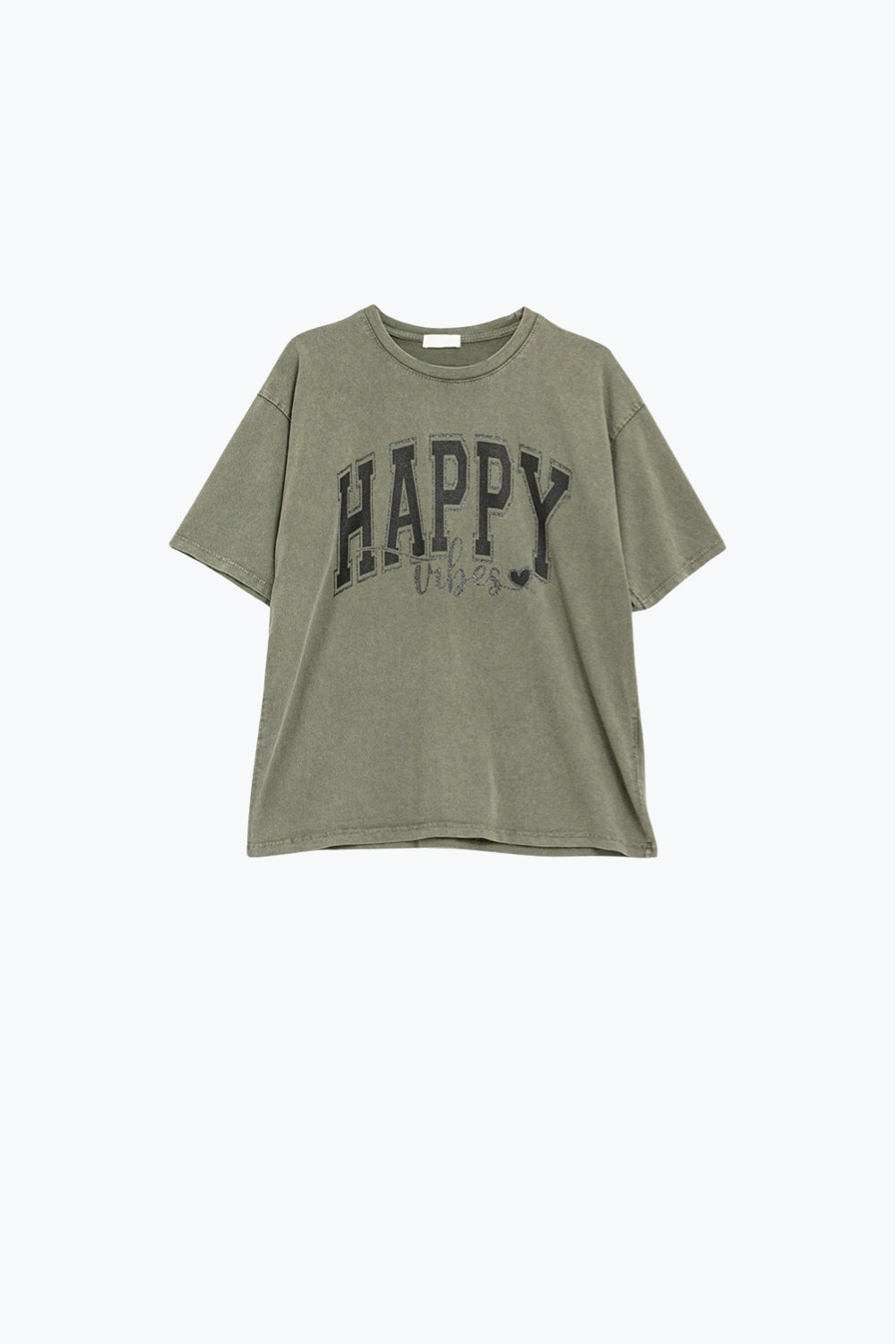 Q2 T-shirt décontracté graphique Happy Vibes vert kaki délavé