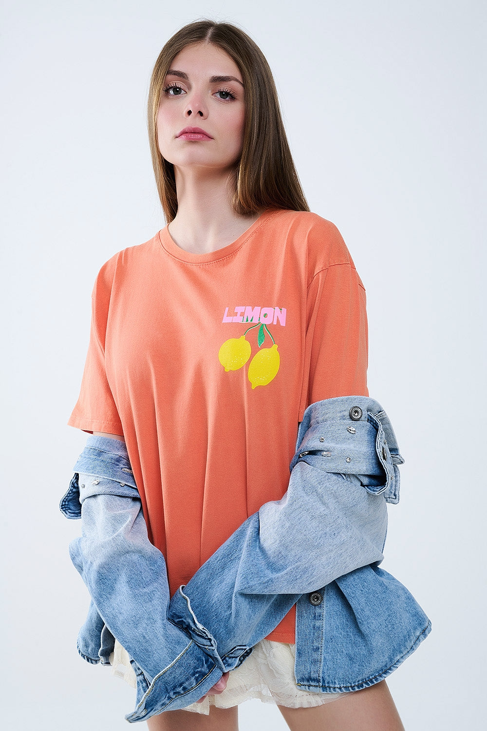 t-shirt décontracté orange avec imprimé citron