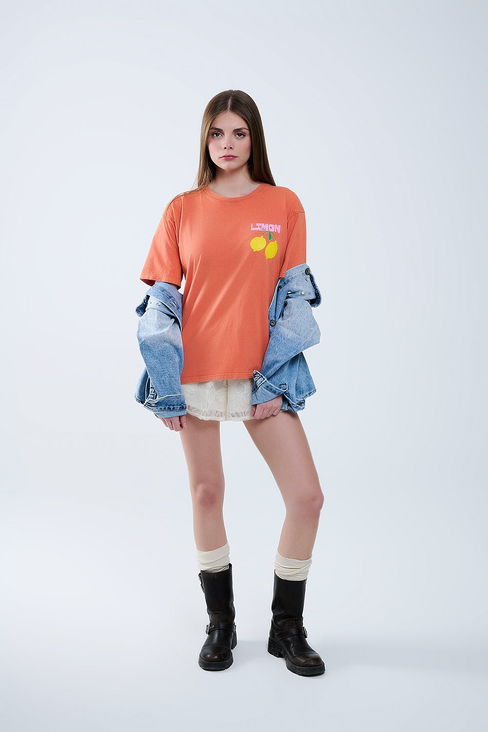 t-shirt décontracté orange avec imprimé citron