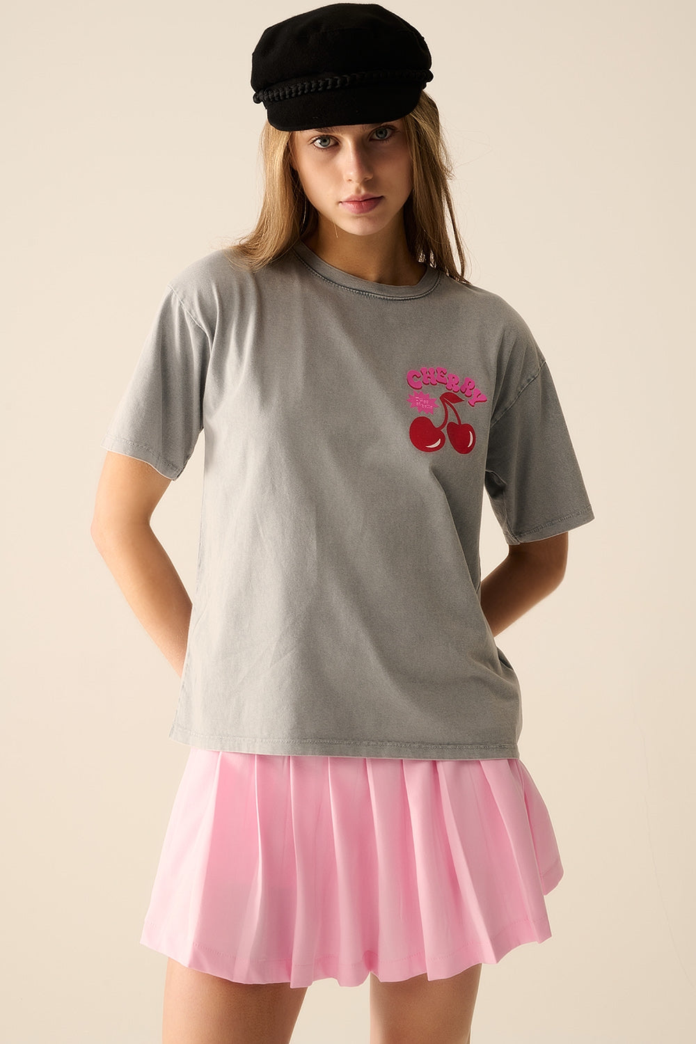 T-shirt gris avec logo Cerise et lettres