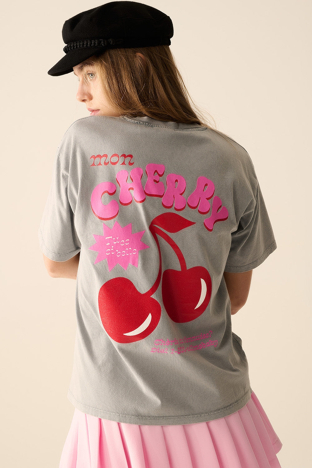 T-shirt gris avec logo Cerise et lettres