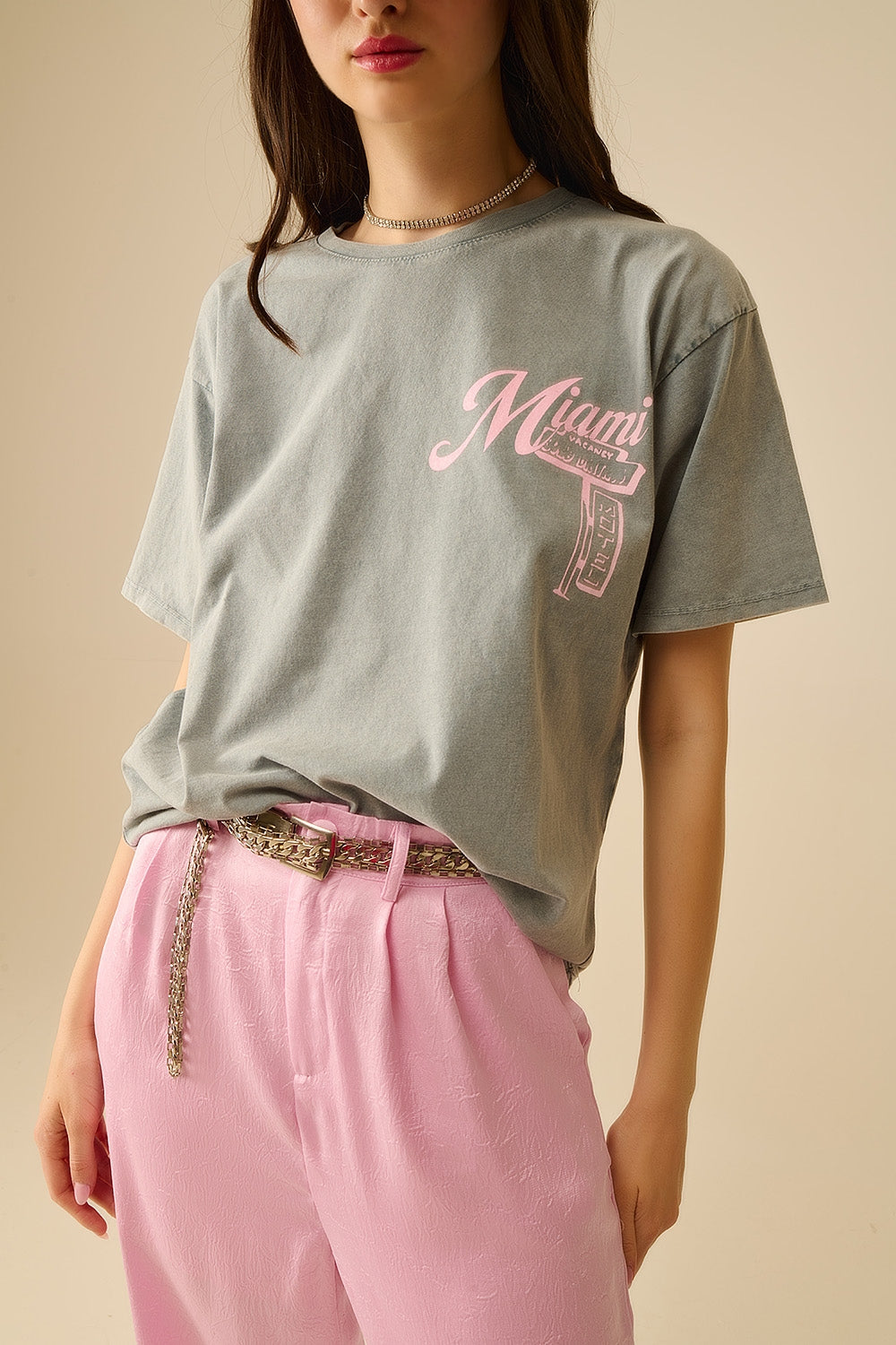 T-shirt gris avec logo Miami imprimé en rose