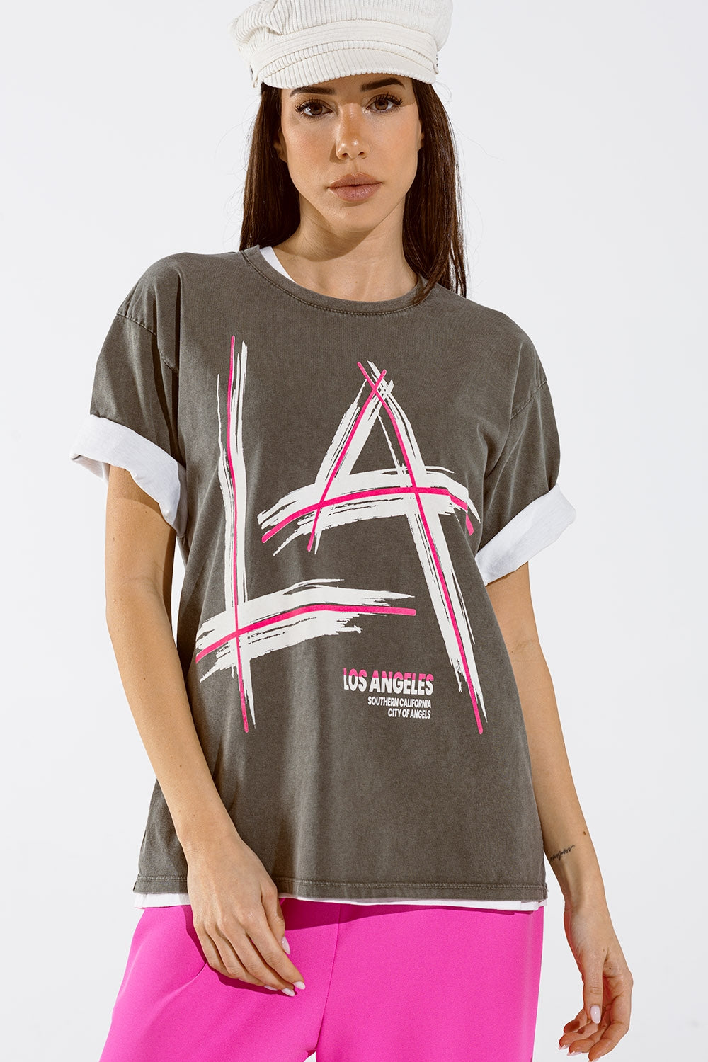 Q2 T-shirt gris oversize Imprimés LA Los Angeles en rose et blanc