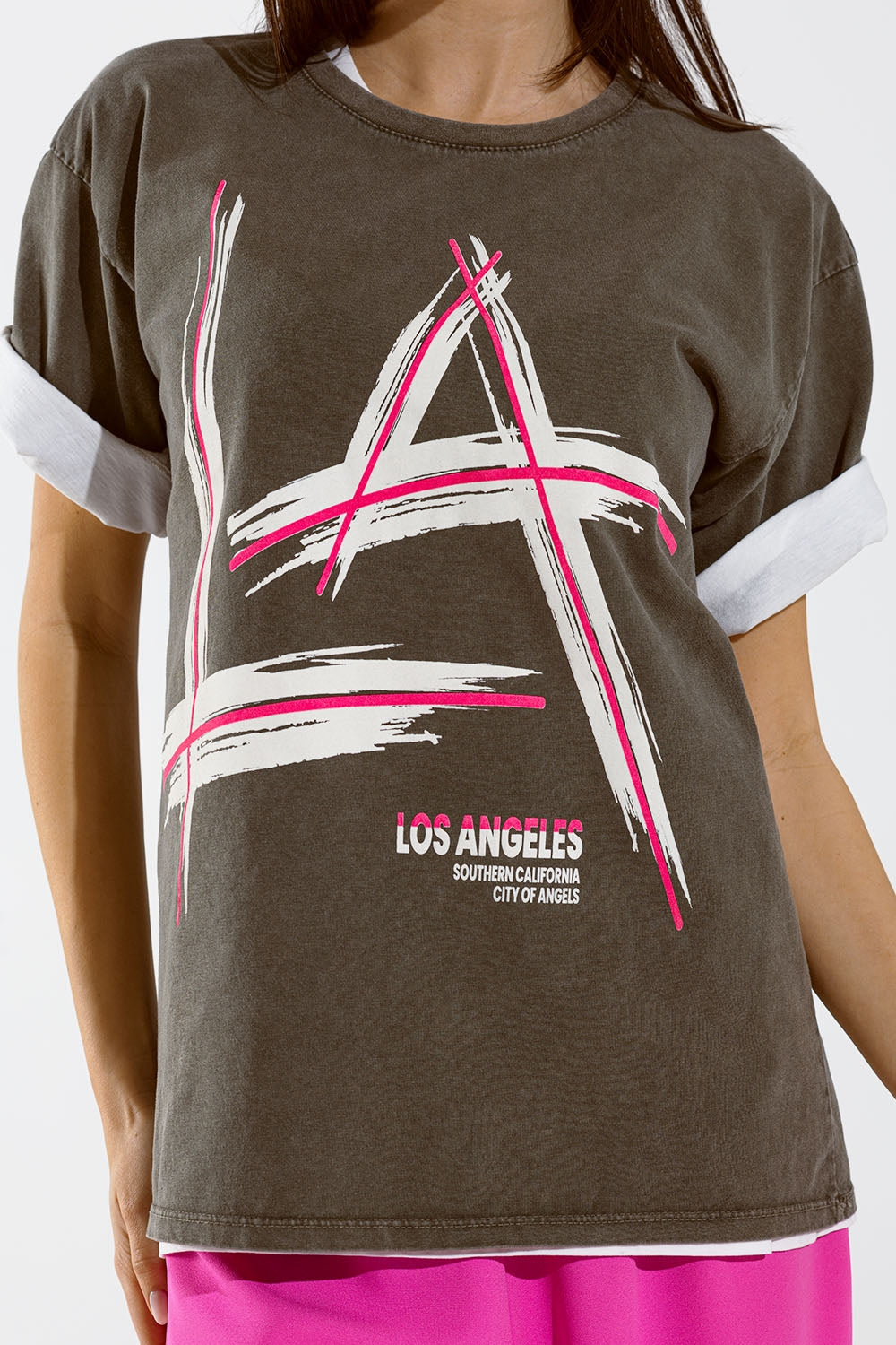 T-shirt gris oversize Imprimés LA Los Angeles en rose et blanc