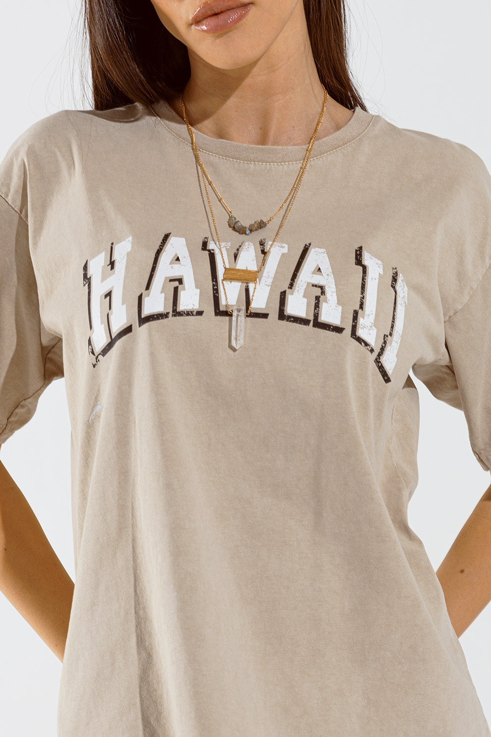 T-shirt Hawaii à effet délavé en beige