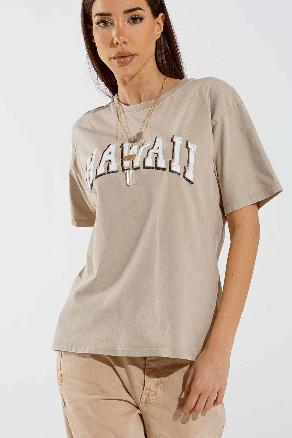 Q2 T-shirt Hawaii à effet délavé en beige