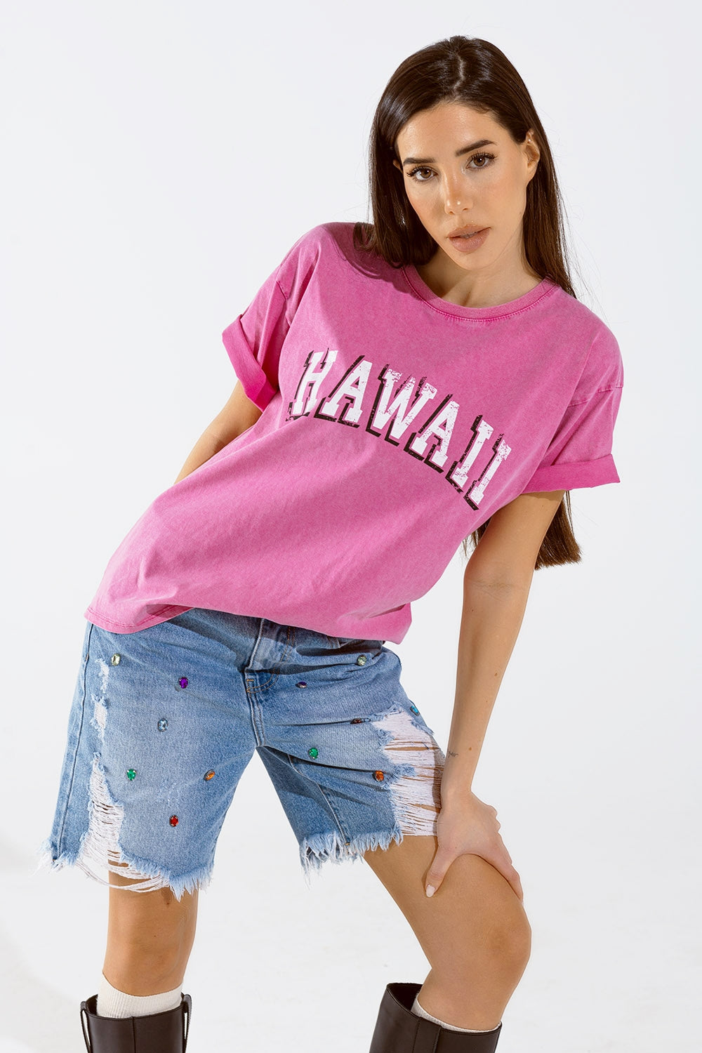 T-shirt Hawaii à effet délavé en Fuschia